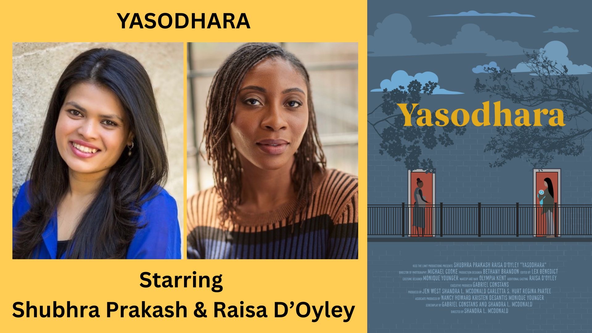 Film poster for “Yasodhara” with two portraits and illustrated scene, starring Shubhra Prakash and Raisa D’Oyley